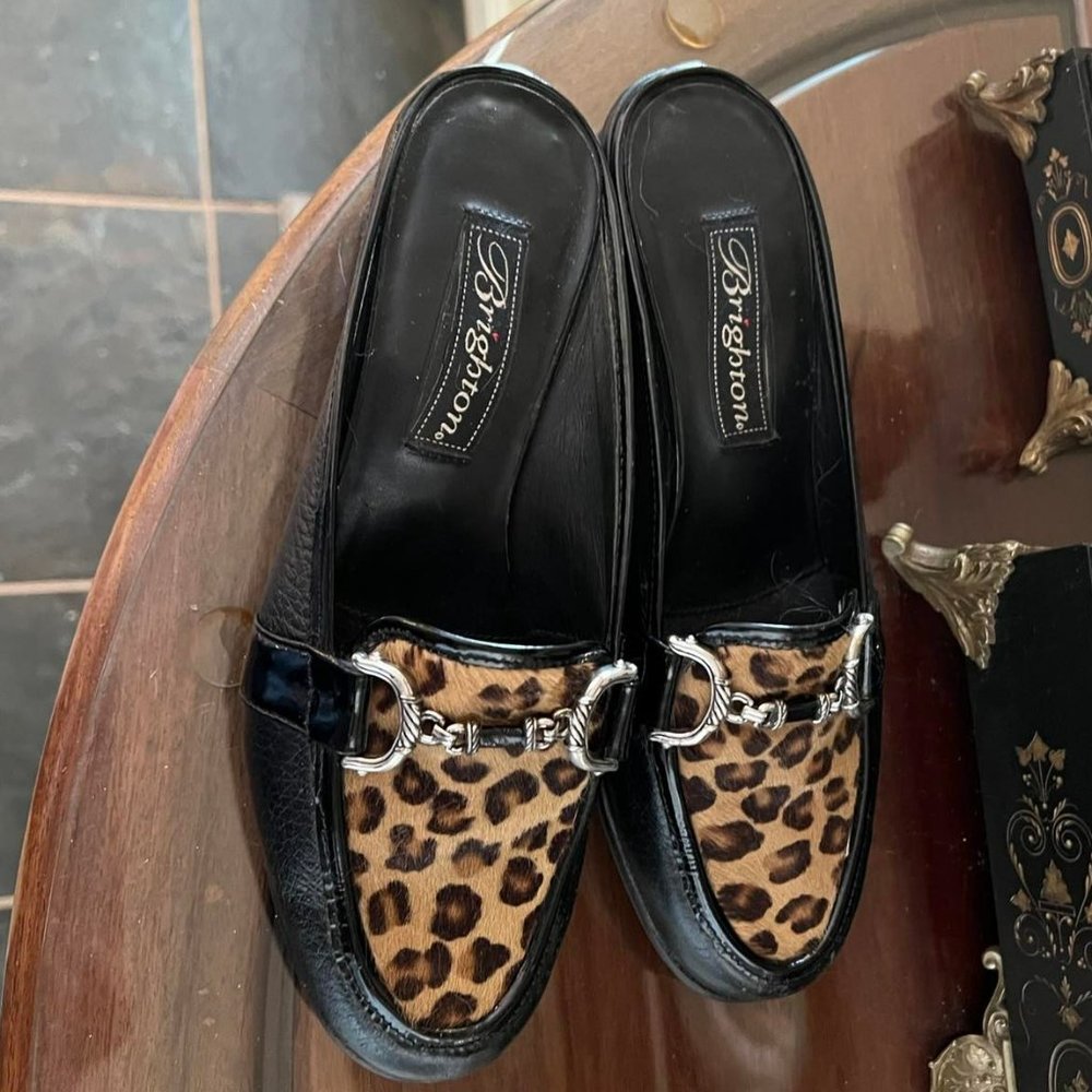 Brighton Austen Mules Brown Croc And Black Leather Calf Hair Size 6 Slip On